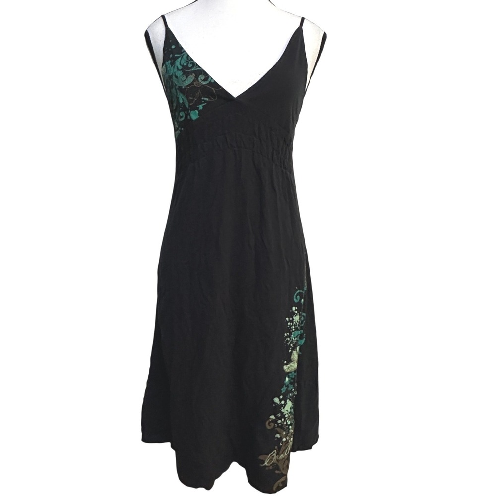 O'Neill Empire Waist Midi Dress M Black Floral Surfer Boho Y2K Coastal Indie